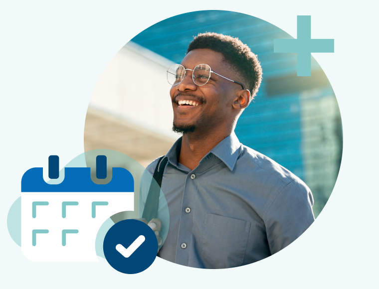 Smiling professional with calendar and confirmation badge